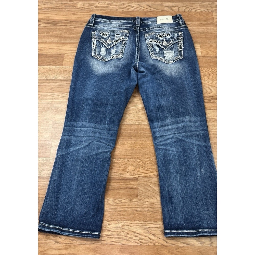 Miss Me Curvy Crop Denim Jeans Size 31 Distressed Leopard Blingy Pockets - Picture 10 of 13